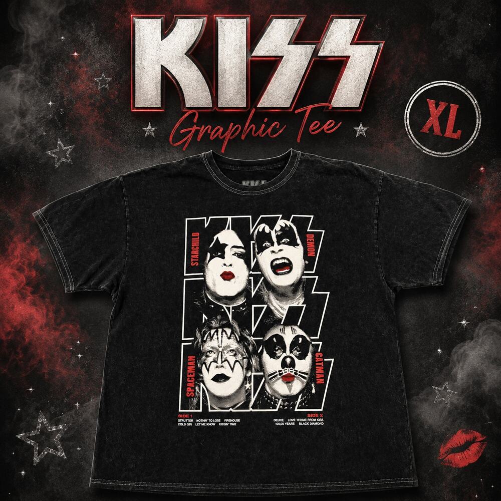 KISS Band Graphic T Shirt XL Black Mineral Wash Starchild Demon Spaceman Catman